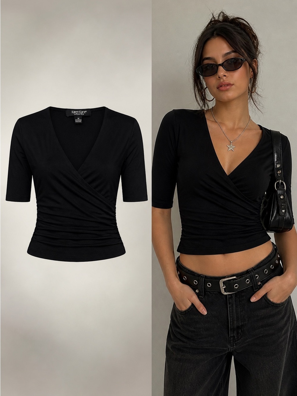 Karen Kane Black Ruched Wrap Top | Y2K Minimalist | Stretch | Size M